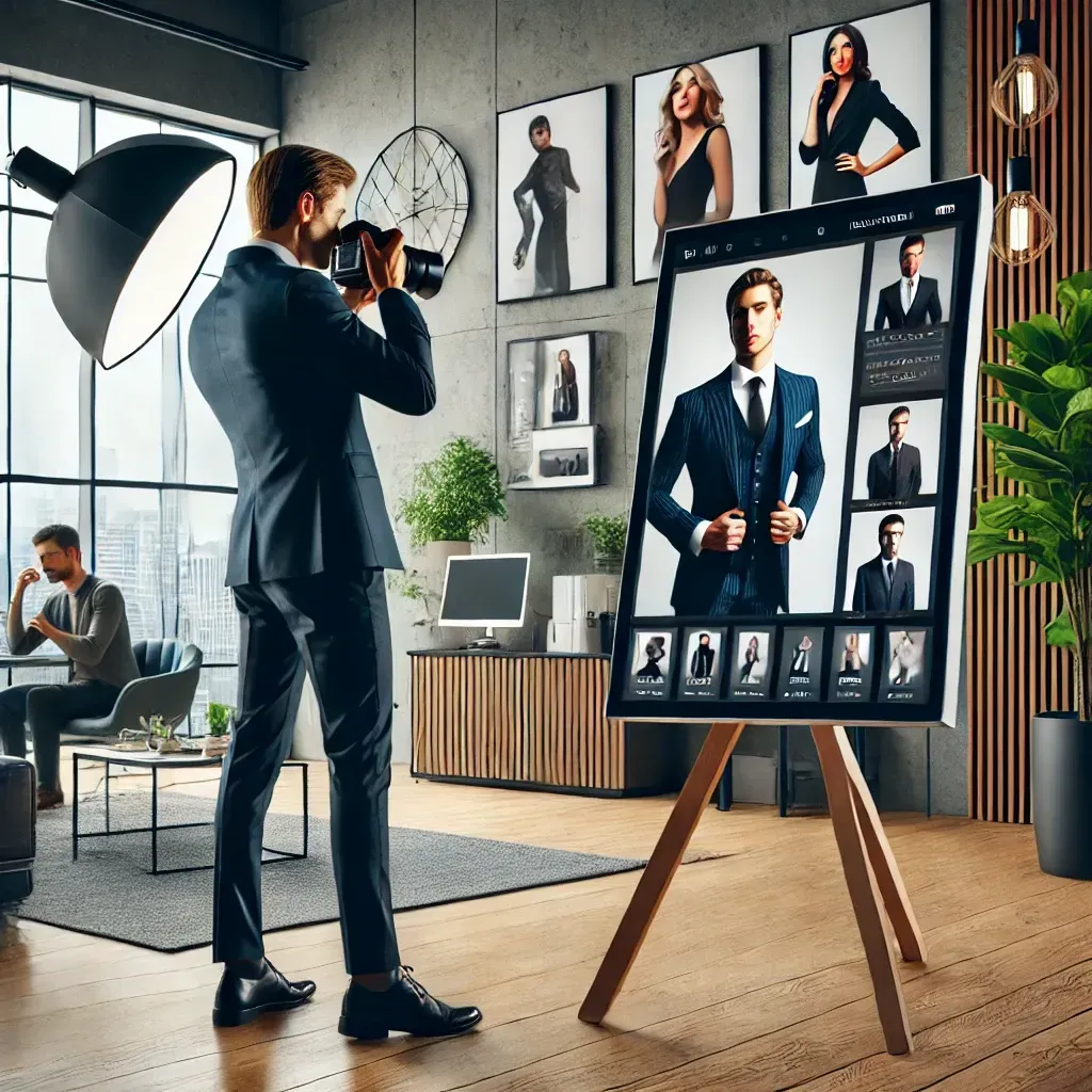 A modern studio hosting a professional branding photography session. A photographer captures a client in polished poses that reflect their professional personality and industry. A nearby digital display showcases a portfolio of tailored branding images, emphasizing creativity, professionalism, and the benefits of investing in high-quality branding photography.