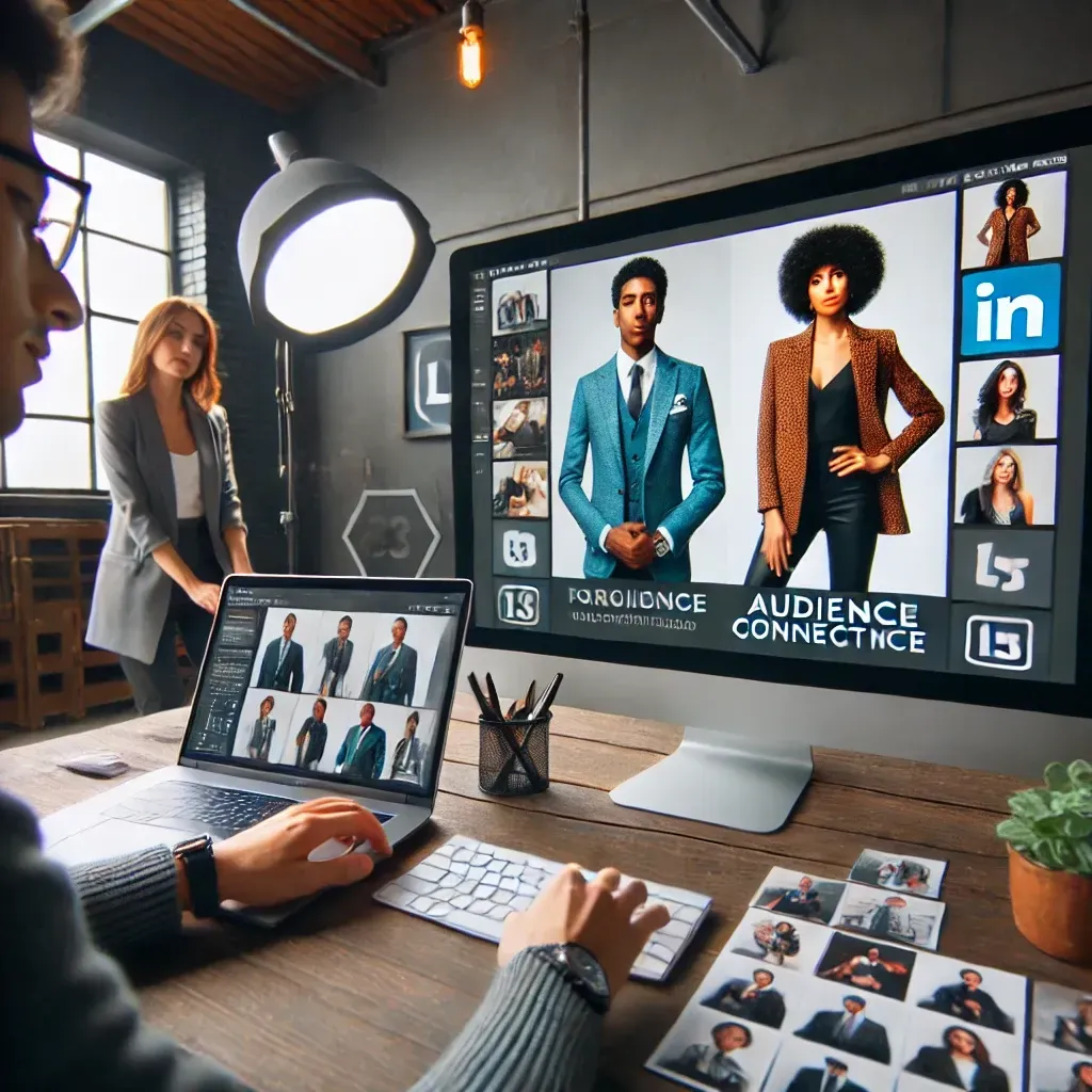 A professional branding photography session in a studio, featuring a client styled to align with their brand's values and posed confidently. A photographer captures impactful visuals while a digital screen displays images optimized for LinkedIn and Instagram. The setting emphasizes creativity, professionalism, and connection with the target audience.