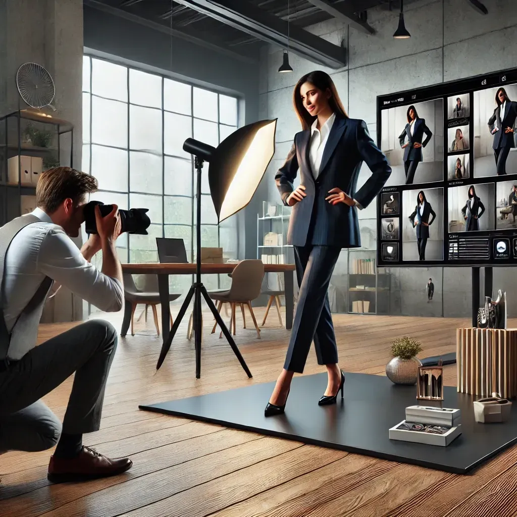 A professional branding photography session in a studio, featuring a client styled to align with their brand's values and posed confidently. A photographer captures impactful visuals while a digital screen displays images optimized for LinkedIn and Instagram. The setting emphasizes creativity, professionalism, and connection with the target audience.