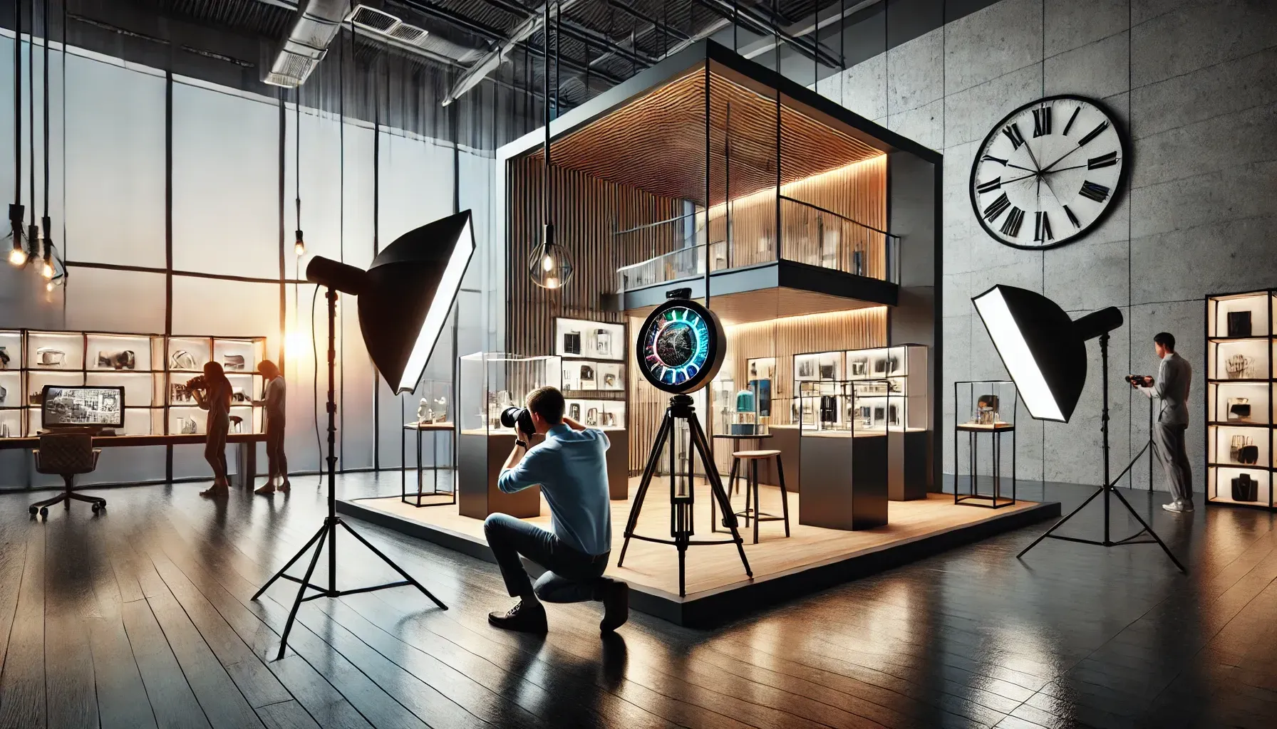 A professional commercial photographer working in a modern studio, utilizing advanced lighting rigs and a tripod-mounted camera. The setup combines product display and architectural elements, showcasing creativity and precision. The sleek, professional atmosphere highlights the impact of high-quality commercial photography on brand elevation and marketing success.