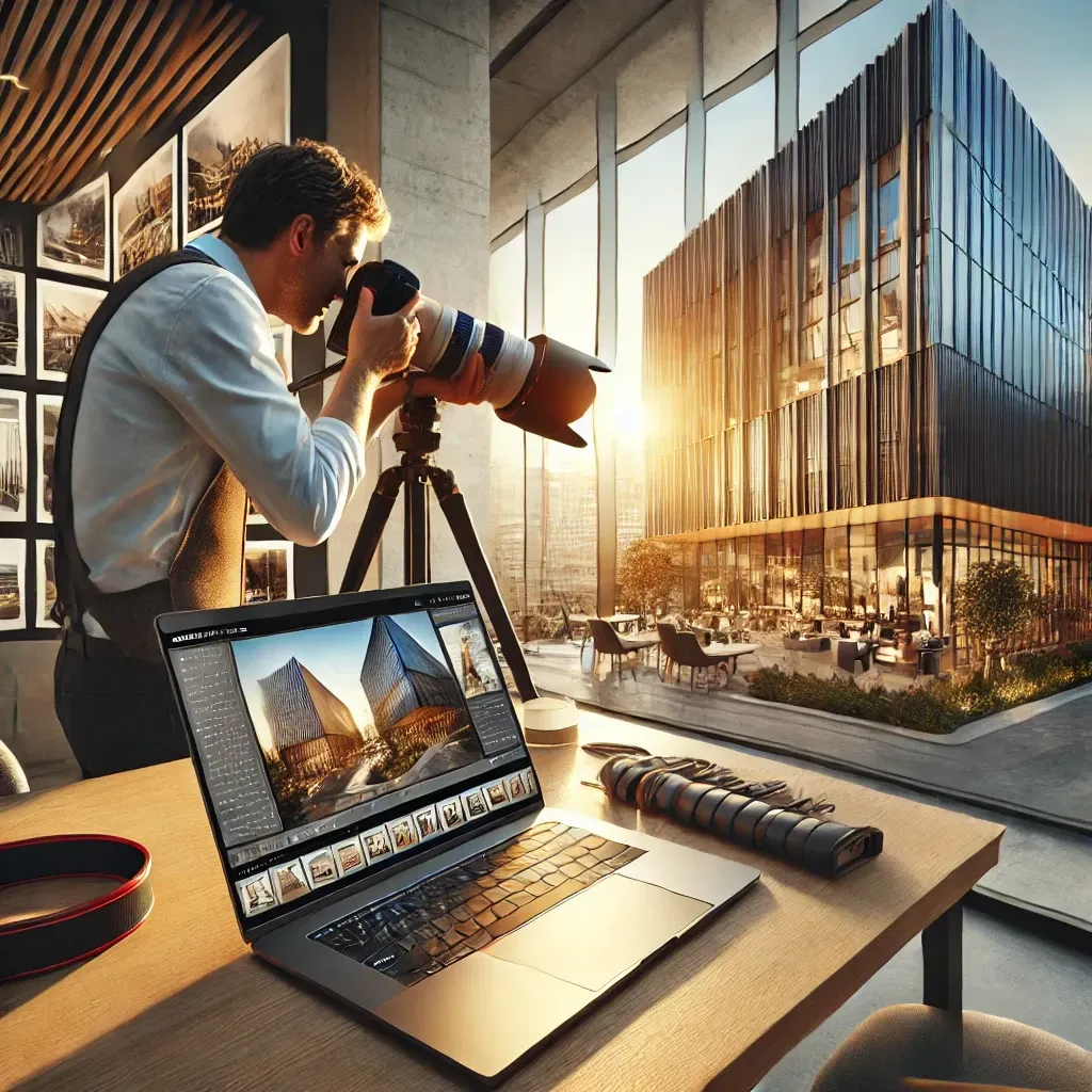 An image highlighting the impact of professional architectural photography in marketing campaigns. A skilled photographer captures a dramatic shot of a modern commercial building during golden hour, emphasizing lighting and texture. Nearby, a table displays photography gear and a laptop showing preview shots of architectural details. The background features a corporate trade show booth showcasing large, high-quality images of architectural projects, symbolizing the role of visuals in branding and marketing in 2025.