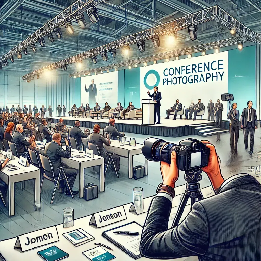 A professional conference photographer captures moments at a corporate event. The photographer uses a high-quality camera to take candid and posed shots of a keynote speaker on stage and attendees networking in a large, well-lit venue. In the foreground, a table displays conference materials and name tags, while the background features a banner with event branding. The scene highlights the importance of professionalism, dynamic interaction, and capturing key moments at a successful conference.