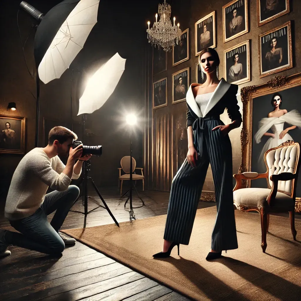 A high-fashion-inspired senior portrait session in a luxurious studio. The subject poses confidently under dramatic lighting, dressed in a stylish outfit that showcases individuality and elegance. The studio features a vintage chair, a backdrop reminiscent of a Vanity Fair shoot, and framed iconic portraits on the walls. A photographer adjusts a camera on a tripod in the background, creating a glamorous and sophisticated atmosphere that celebrates unique style and timeless artistry.