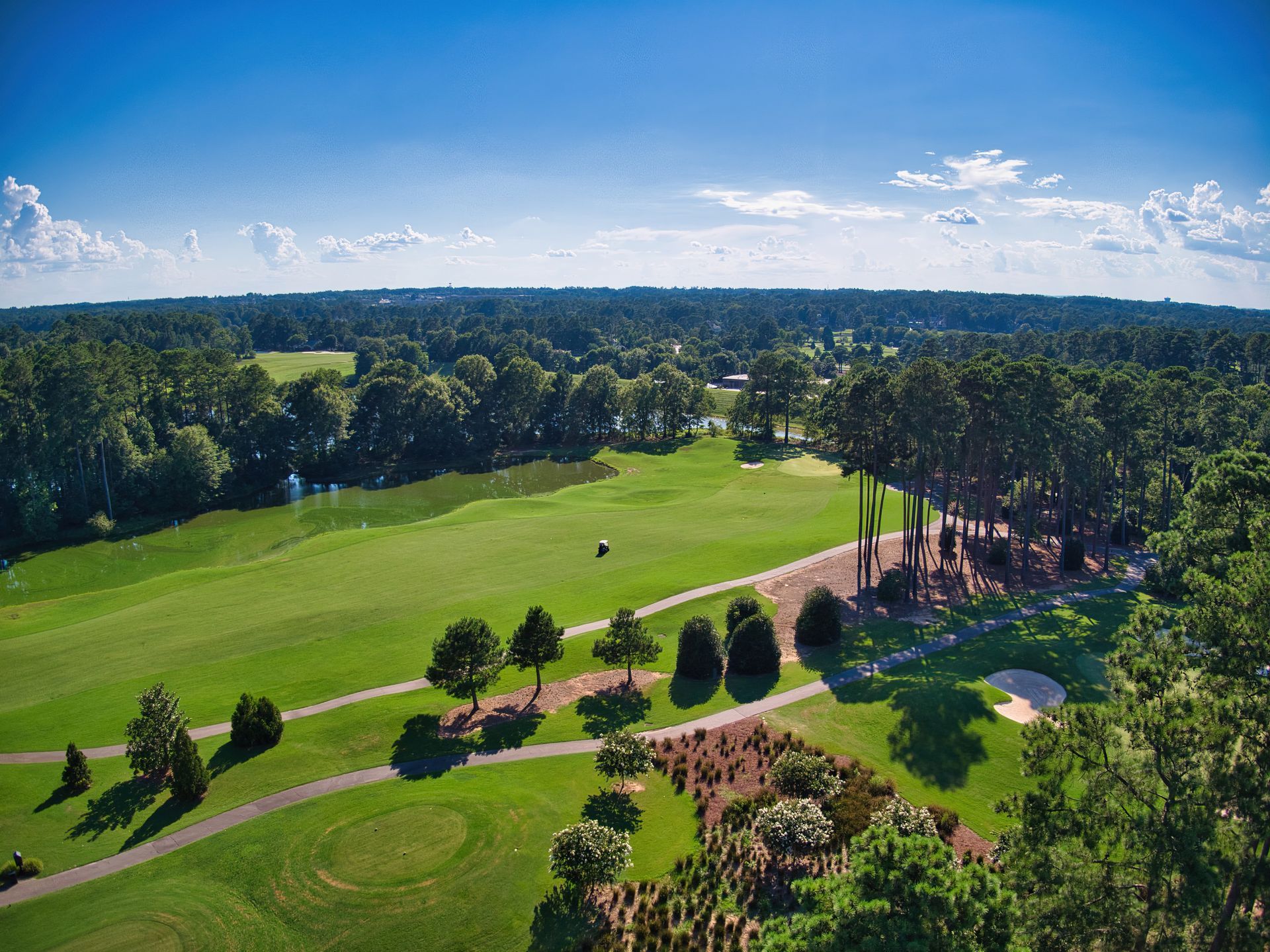 An aerial view of a golf course surrounded by trees.