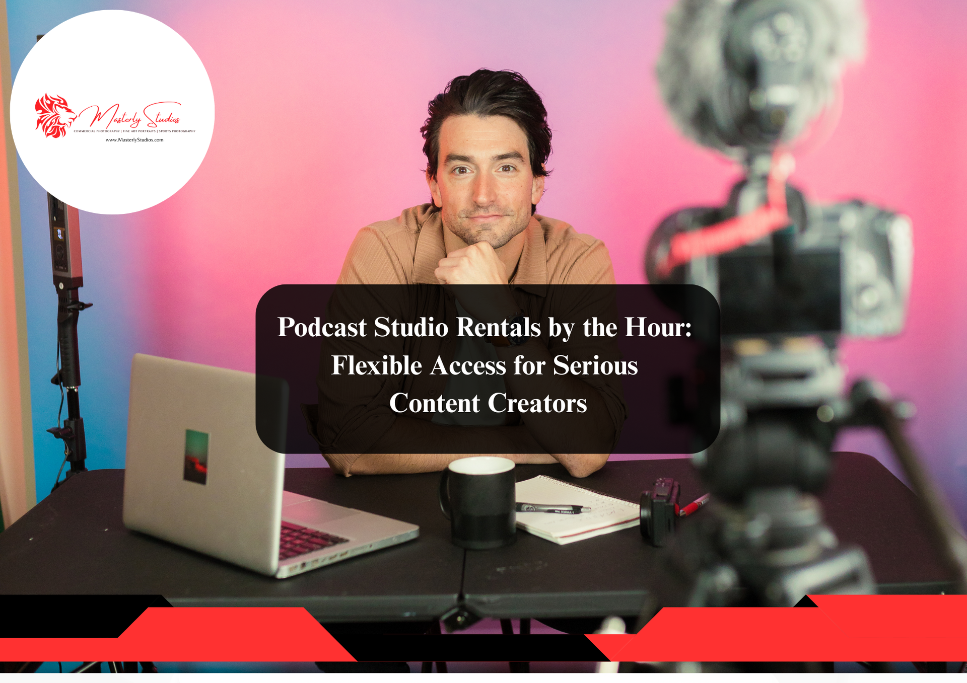 Podcast rental studio with professional audio recording setup.
