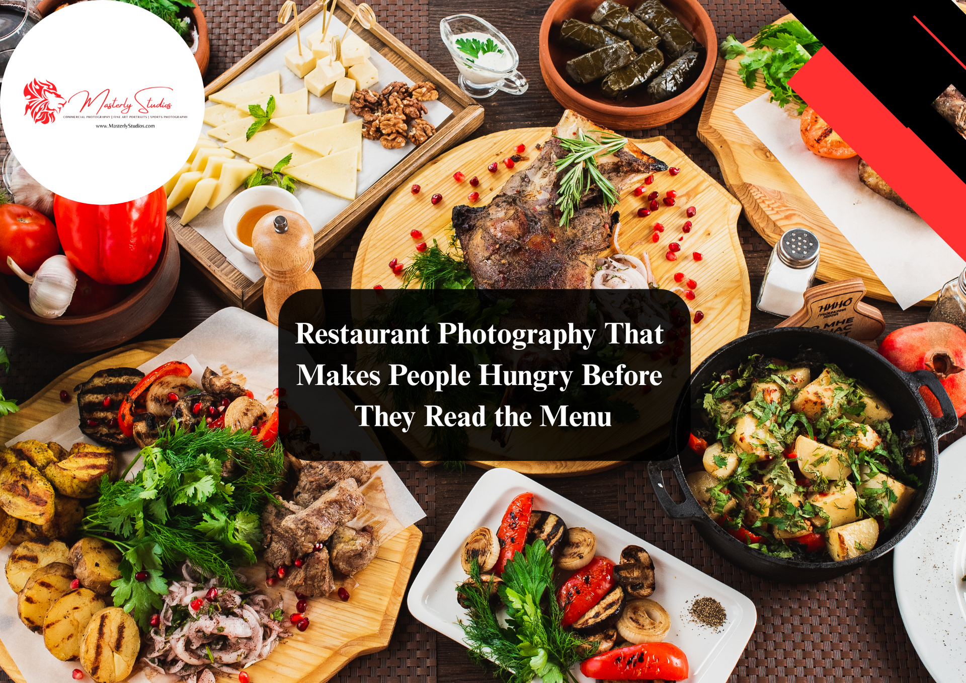 Restaurant photography of plated dishes on dining table.