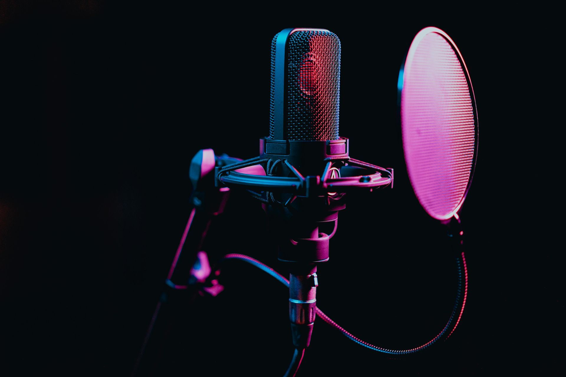Studio microphone with pop filter, lit with purple and pink lights against a black background.