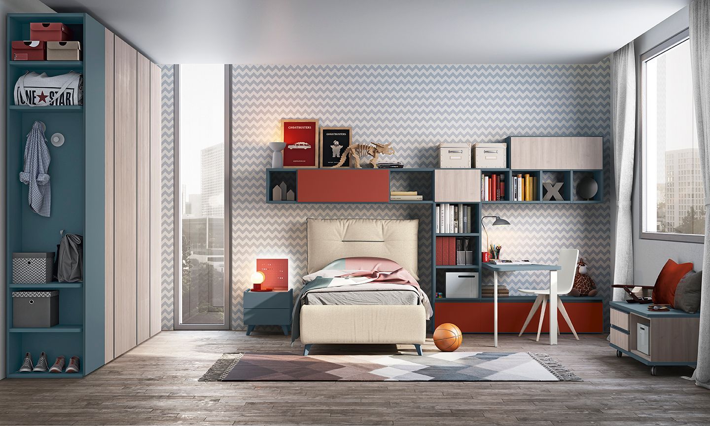 Camera da letto moderna con letto, scrivania, armadio e parete decorata. Combinazione di colori blu, arancione e bianco.