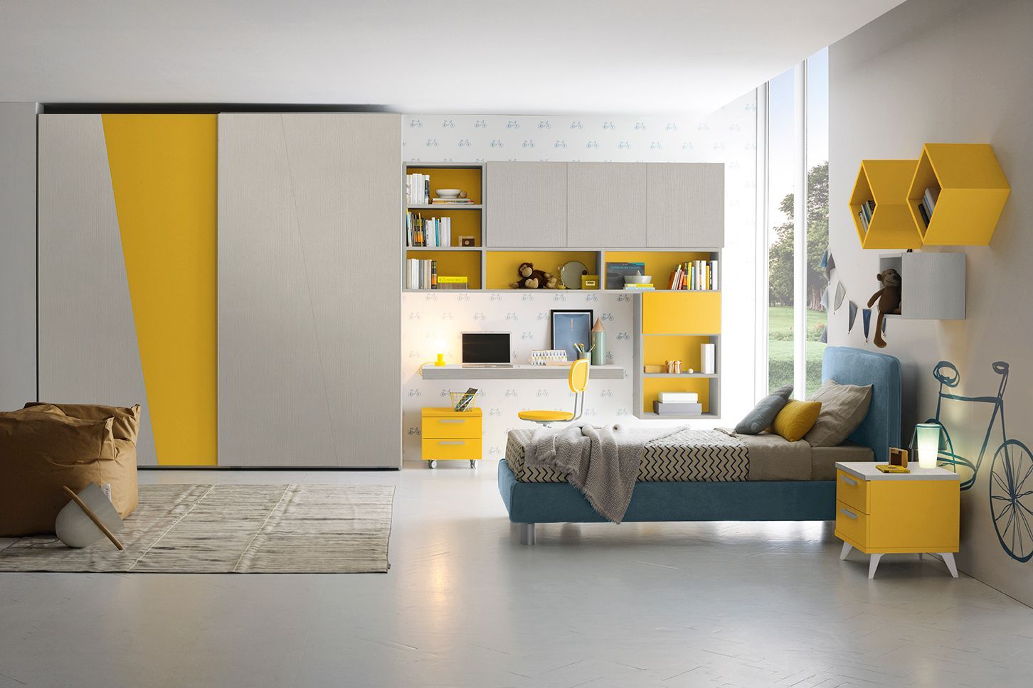 Camera da letto moderna con dettagli grigi e gialli, dotata di letto, scrivania e mobili contenitori.