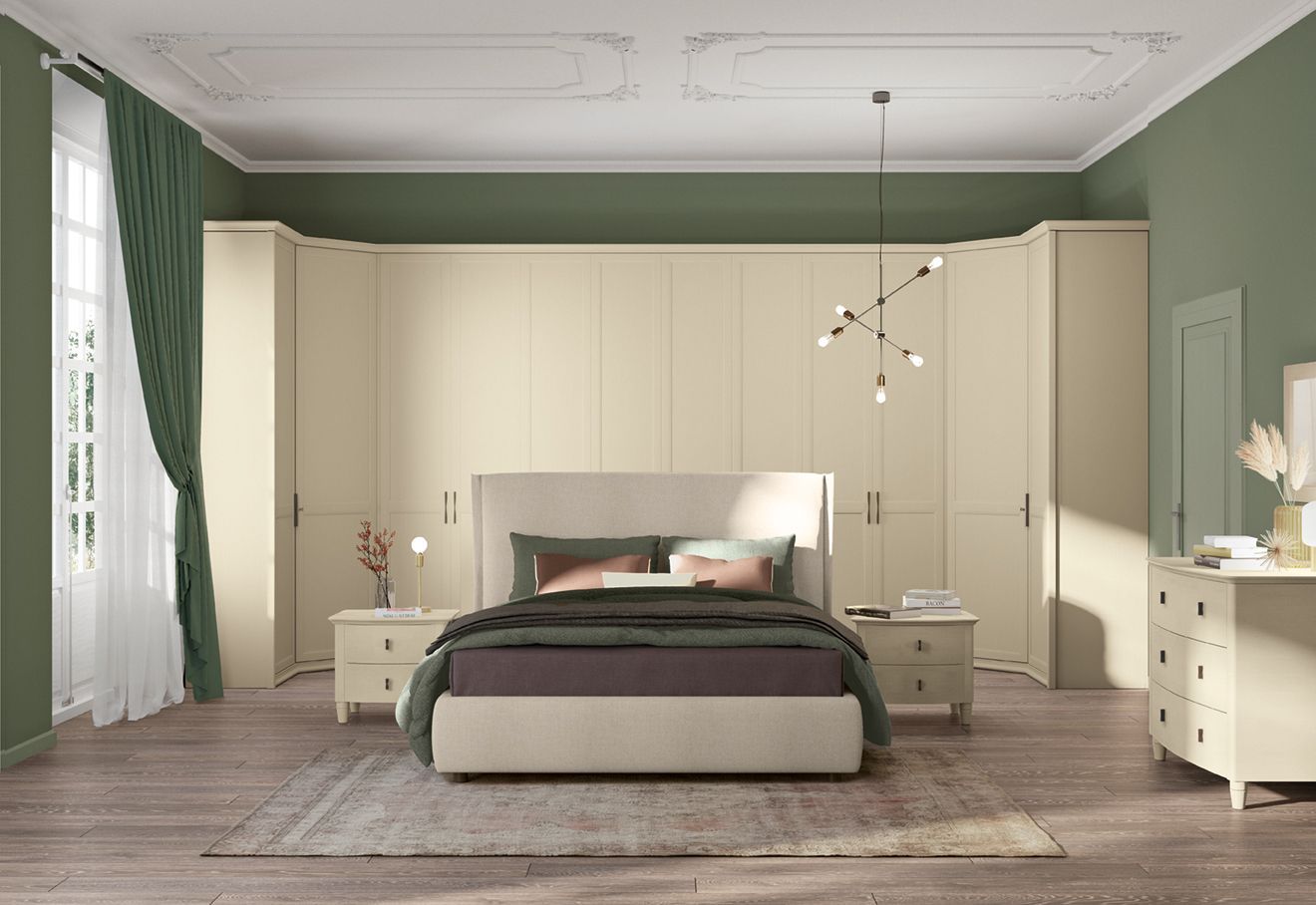 Camera da letto con arredi dai colori chiari, un grande armadio a muro e pareti verdi. Al centro c'è un letto.
