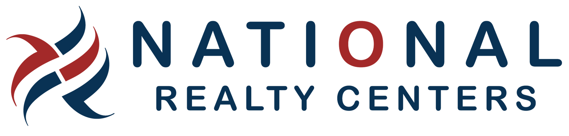 The logo for national realty centers is red , white and blue.