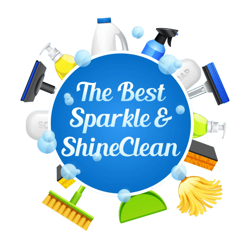 The best sparkle and shine clean logo with cleaning supplies in a circle.