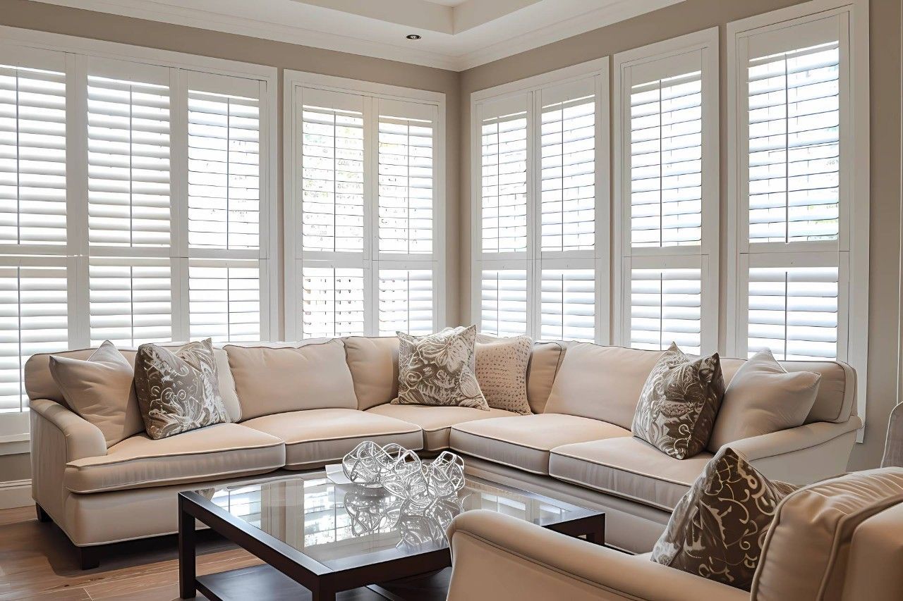 A living room with a large sectional couch and a coffee table.