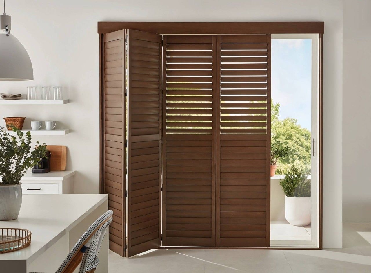 A sliding glass door with wooden shutters on it