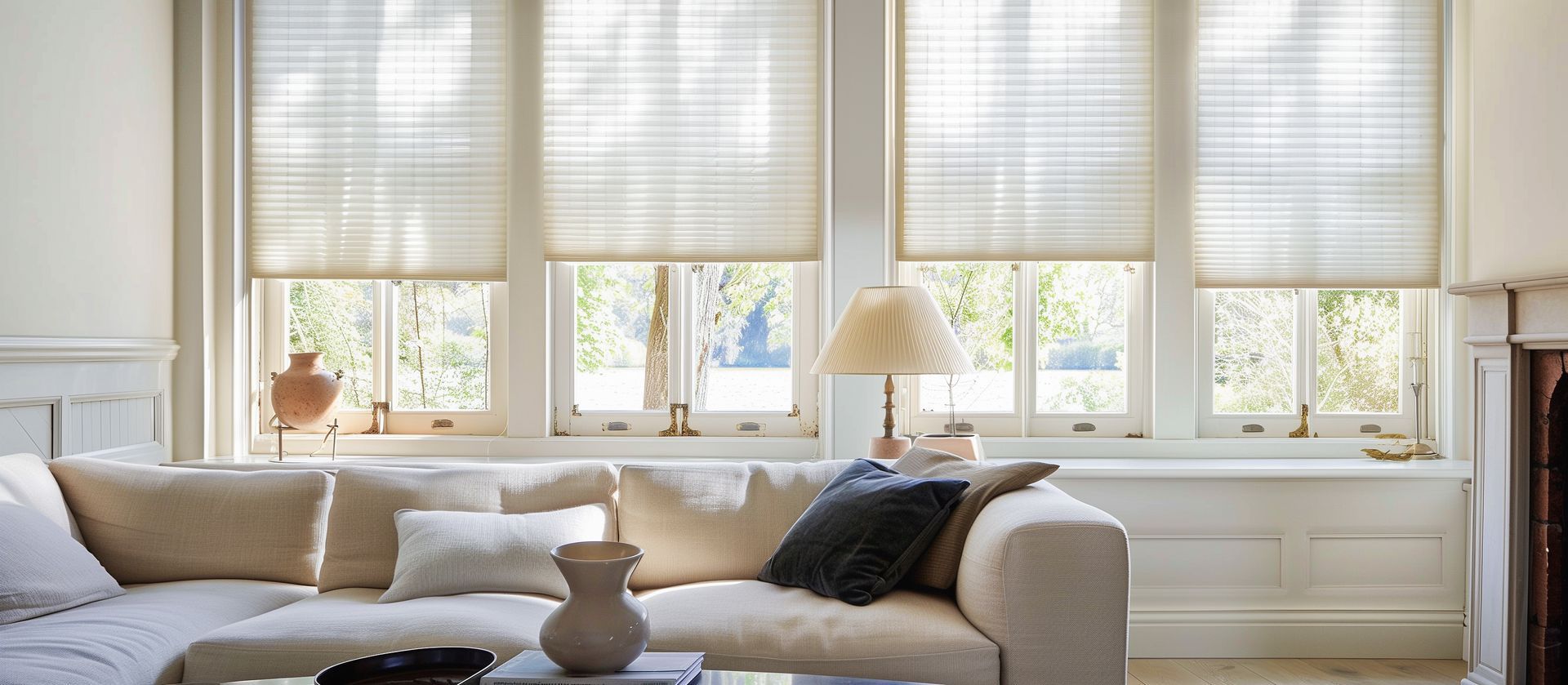 Woven Wood Shades in Living Room with Cream Sofa and Styled Coffee Table