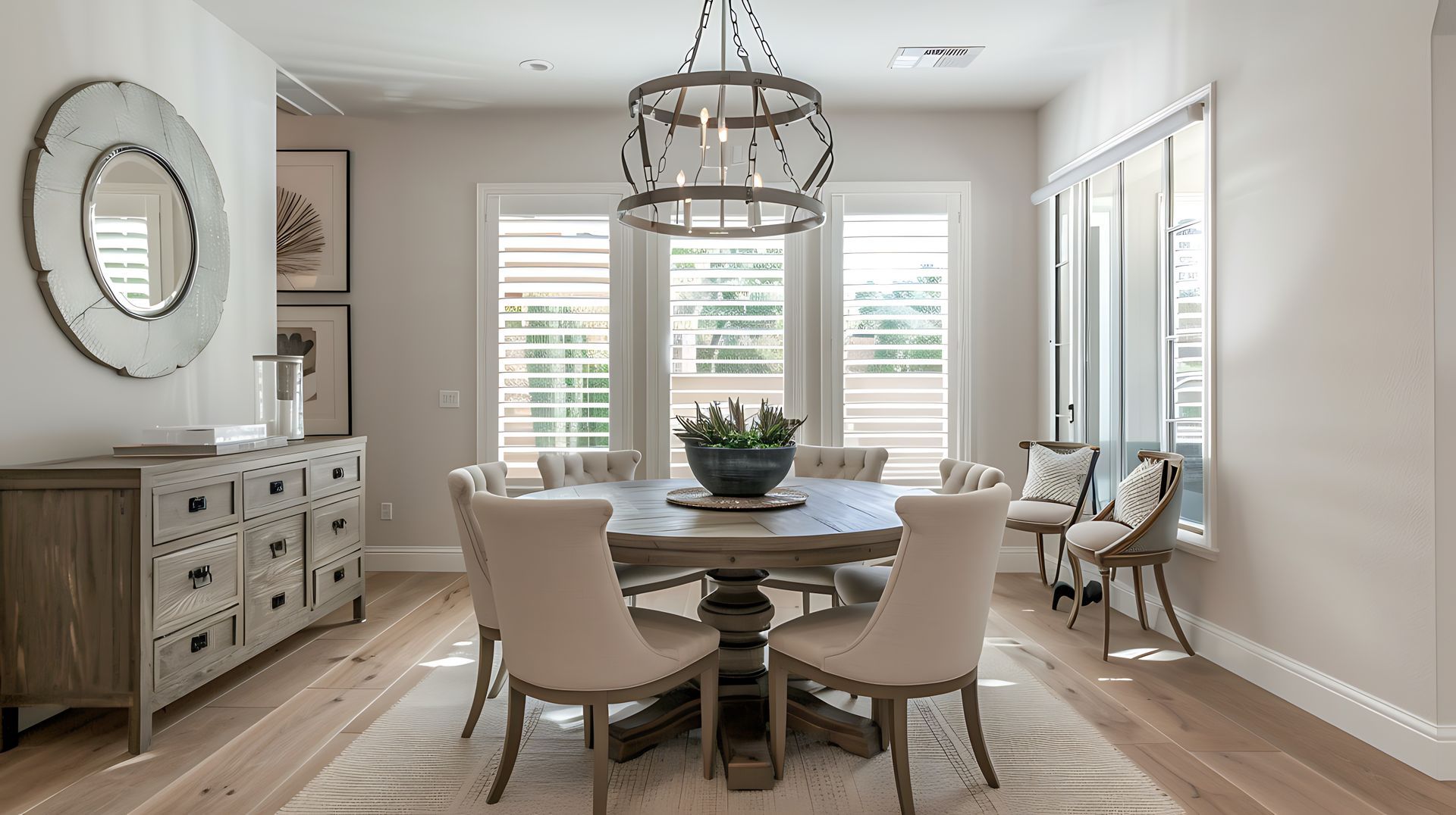 A dining room with a table and chairs and a chandelier.