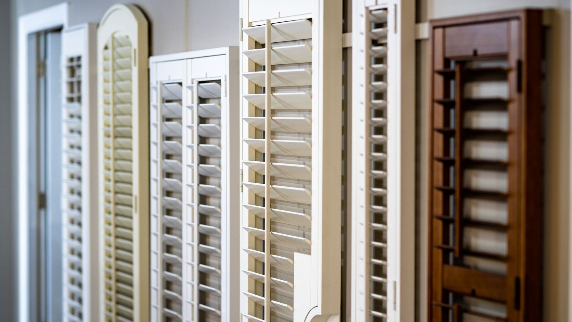 Closeup of different Hunter Douglas shutters at Blind & Shutter Gallery showroom near Nolensville, TN