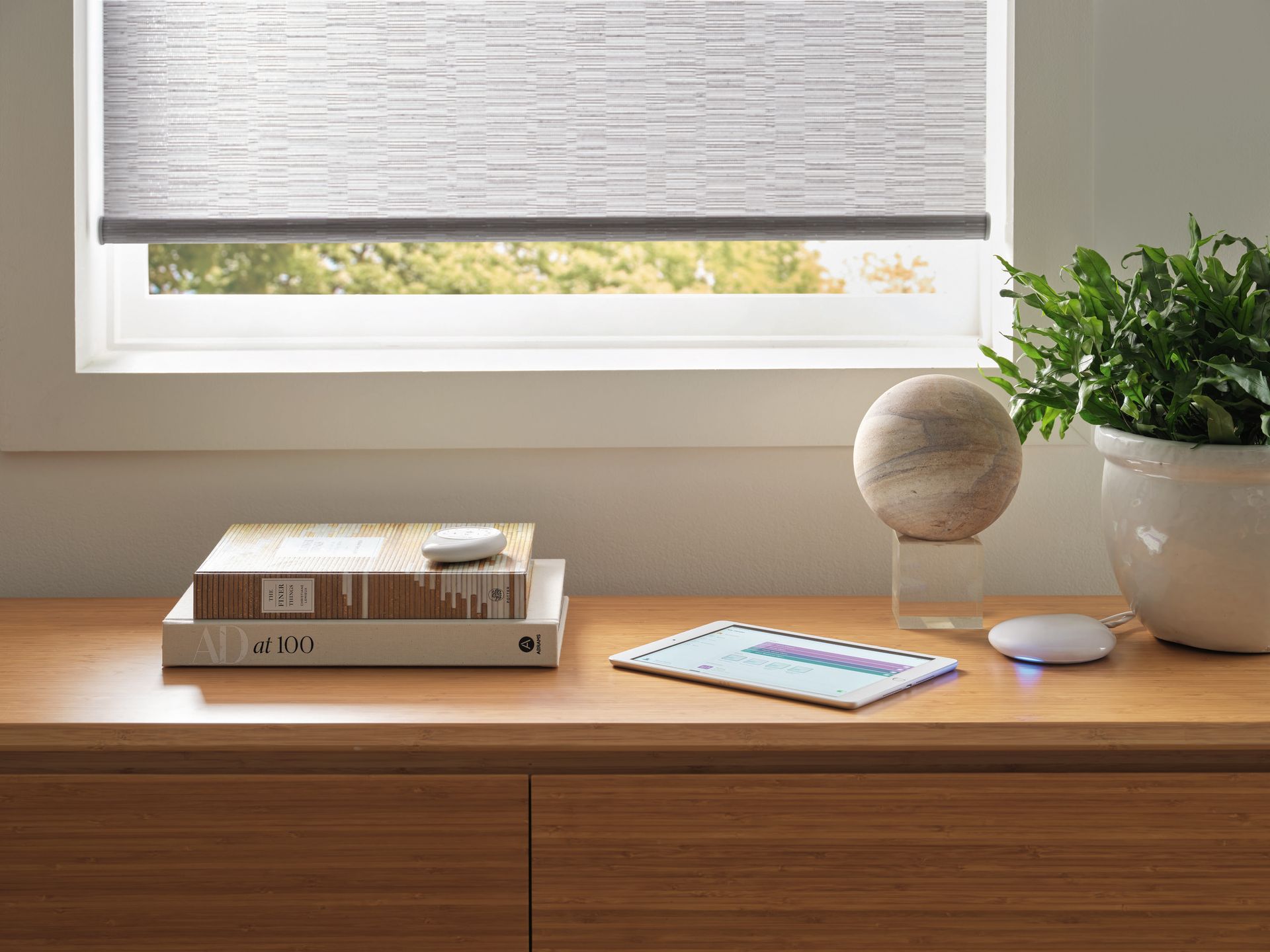 A wooden dresser with books , a tablet , and a plant on it.
