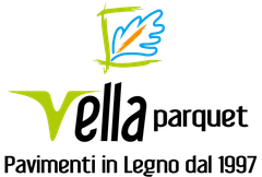 Logo for Vella parquet, featuring a green leaf and text "Vella parquet Pavimenti in Legno dal 1997."