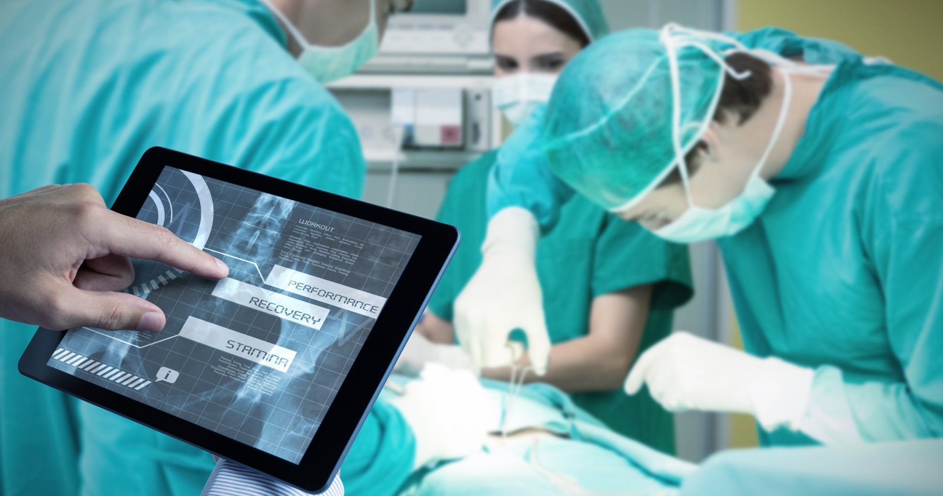 Man using tablet pc against medical interface on xray
