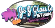 Logo for J & J Glass Co. featuring a cartoon roadrunner, text, and phone number, in Thornton, Illinois.