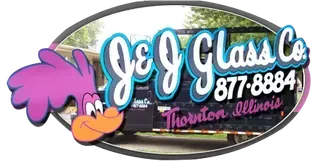 Logo for J & J Glass Co. featuring a cartoon roadrunner, text, and phone number, in Thornton, Illinois.