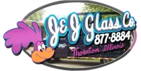 Logo for J & J Glass Co. featuring a cartoon roadrunner, text, and phone number, in Thornton, Illinois.