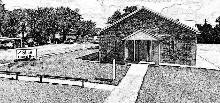 Black and white sketch of Star Funeral Home building with street and trees in the background.
