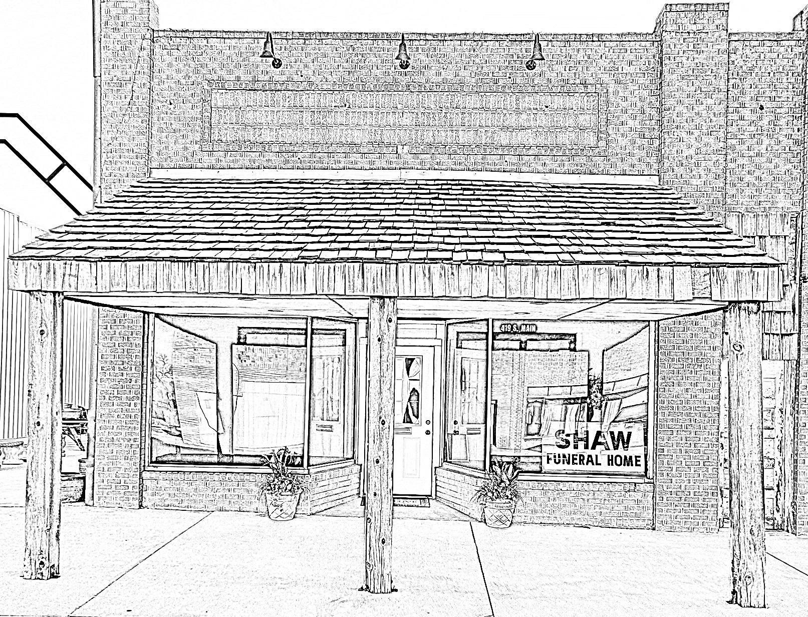 Drawn exterior of Shaw Funeral Home, shopfront with awning and brick facade, front view.