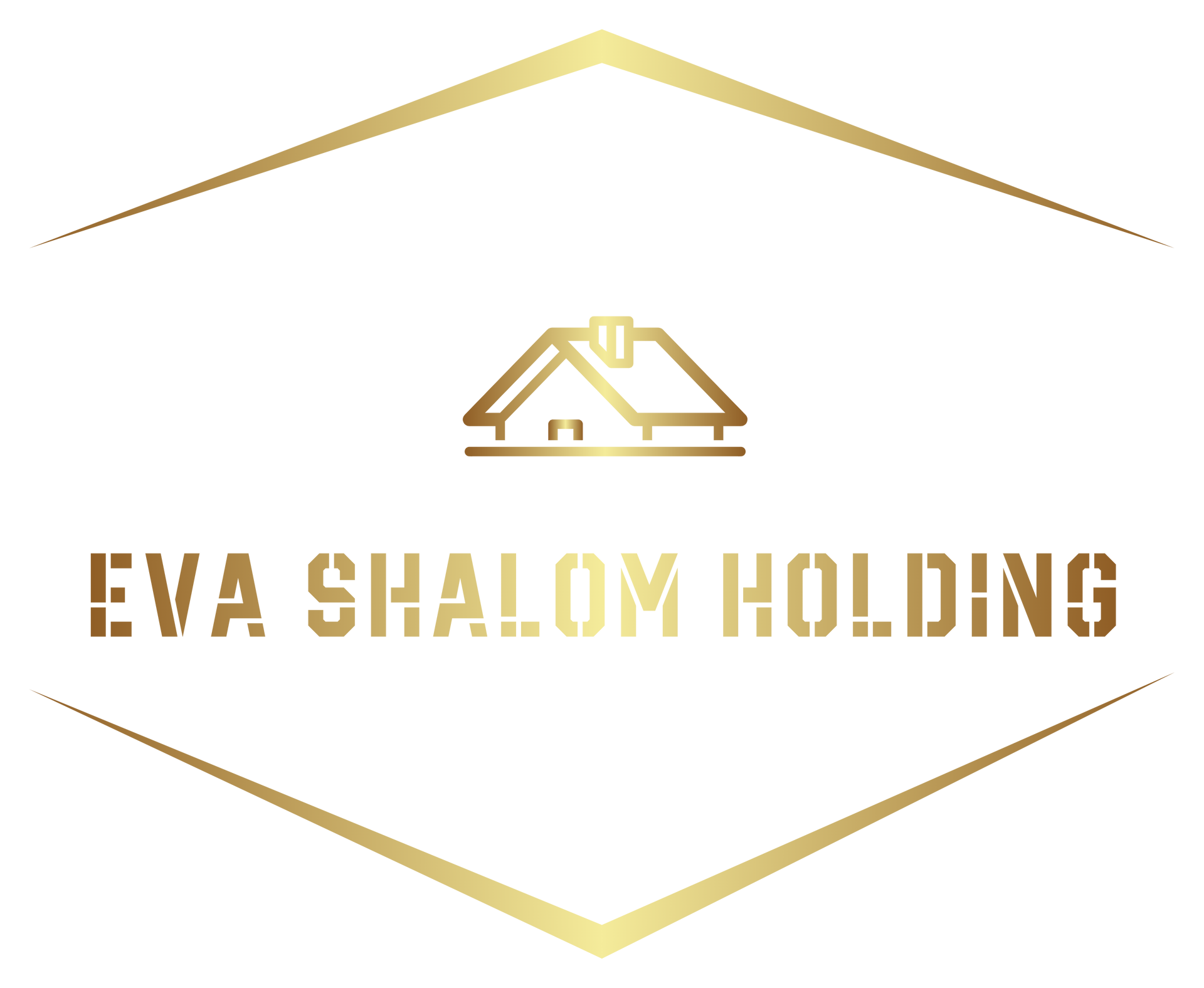 Logo doré pour Eva Shalom Holding comportant une icône de maison à l'intérieur d'une forme de diamant, avec du texte en dessous.