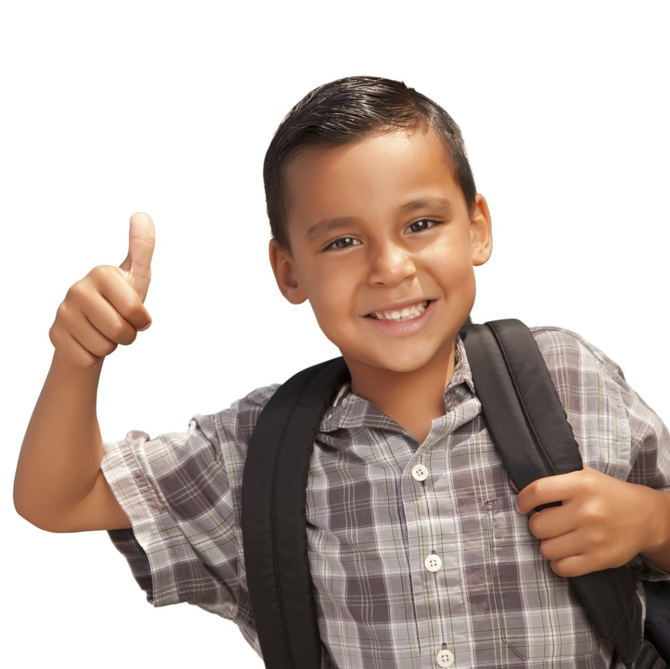 Boy with backpack giving thumbs up