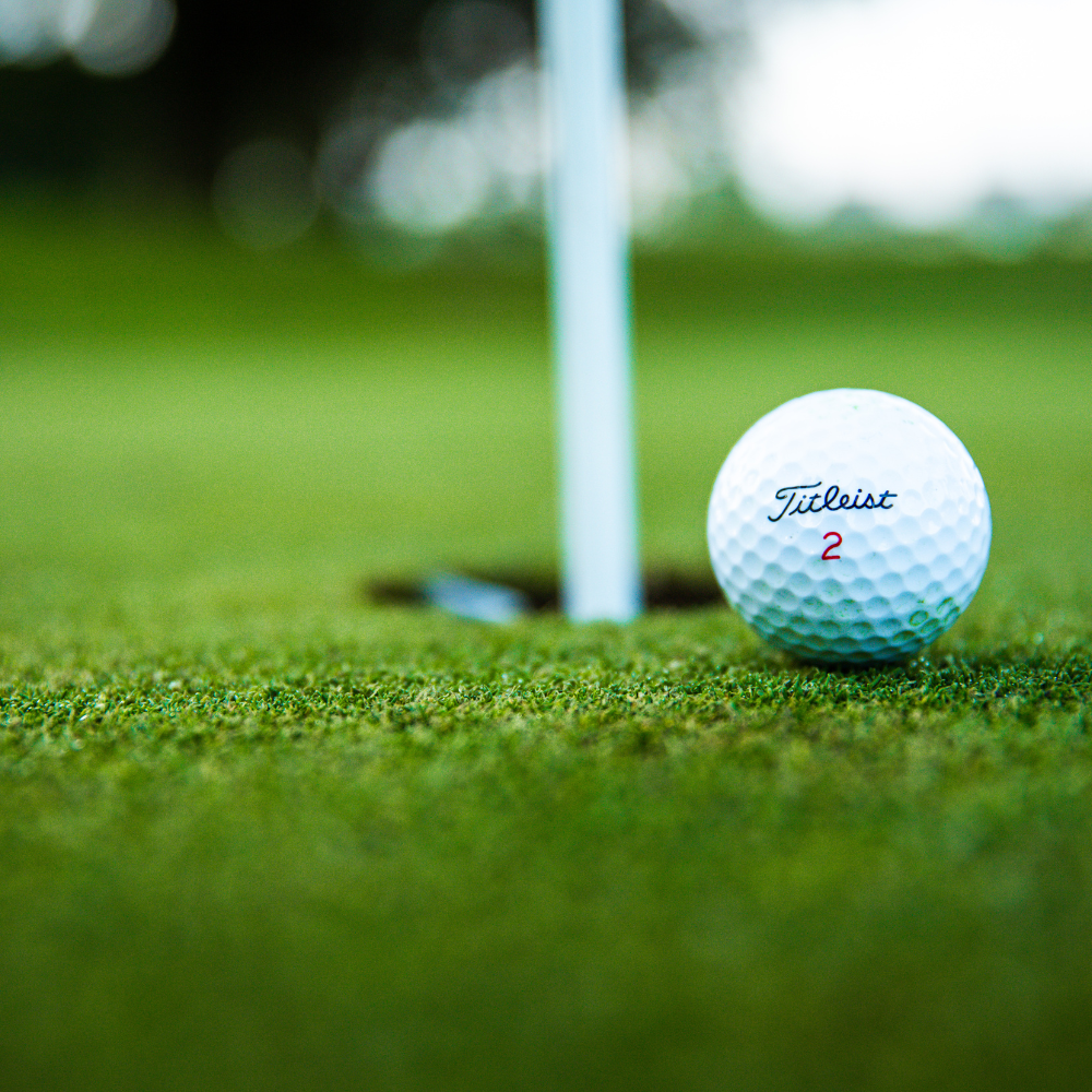 titleist golf ball resting next to flag in the hole