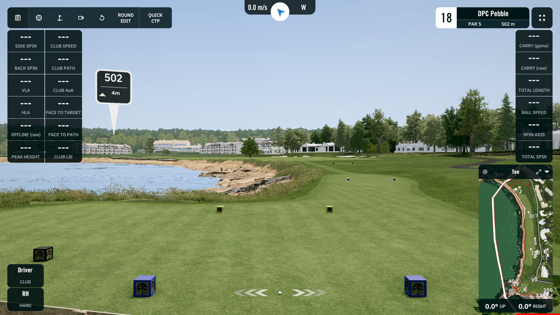 The view from the Tee box on the 18th Hole at Pebble Beach on the GSPRO Simulator software.