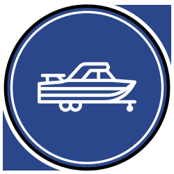 An icon of a boat on a trailer in a blue circle.