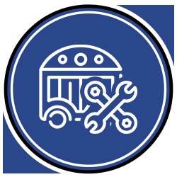 A blue circle with a white icon of a truck with wrenches on it.