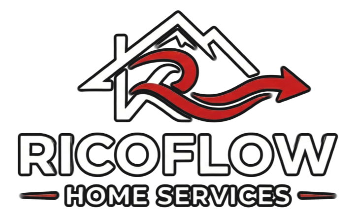 Logo for Ricoflow Home Services with a mountain house outline, a red stylized "R" arrow, and bold black text.