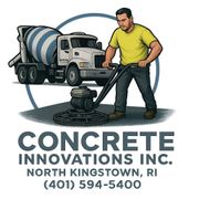 A person in a yellow shirt uses a power trowel with a cement mixer in the background. Logo for Concrete Innovations Inc.
