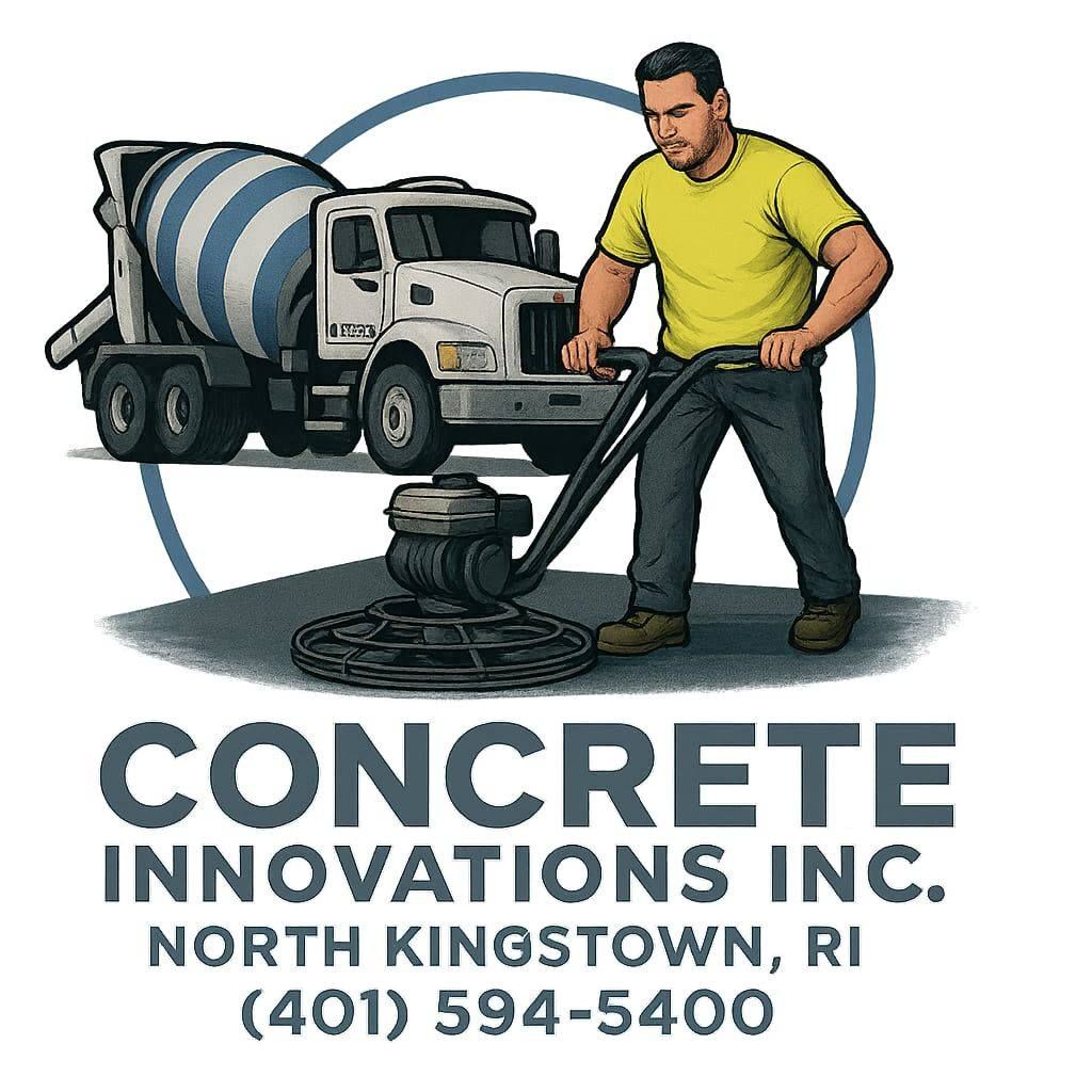 A worker uses a concrete power trowel in front of a cement truck, with Concrete Innovations Inc. branding below.