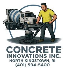 A person in a yellow shirt uses a power trowel with a cement mixer in the background. Logo for Concrete Innovations Inc.