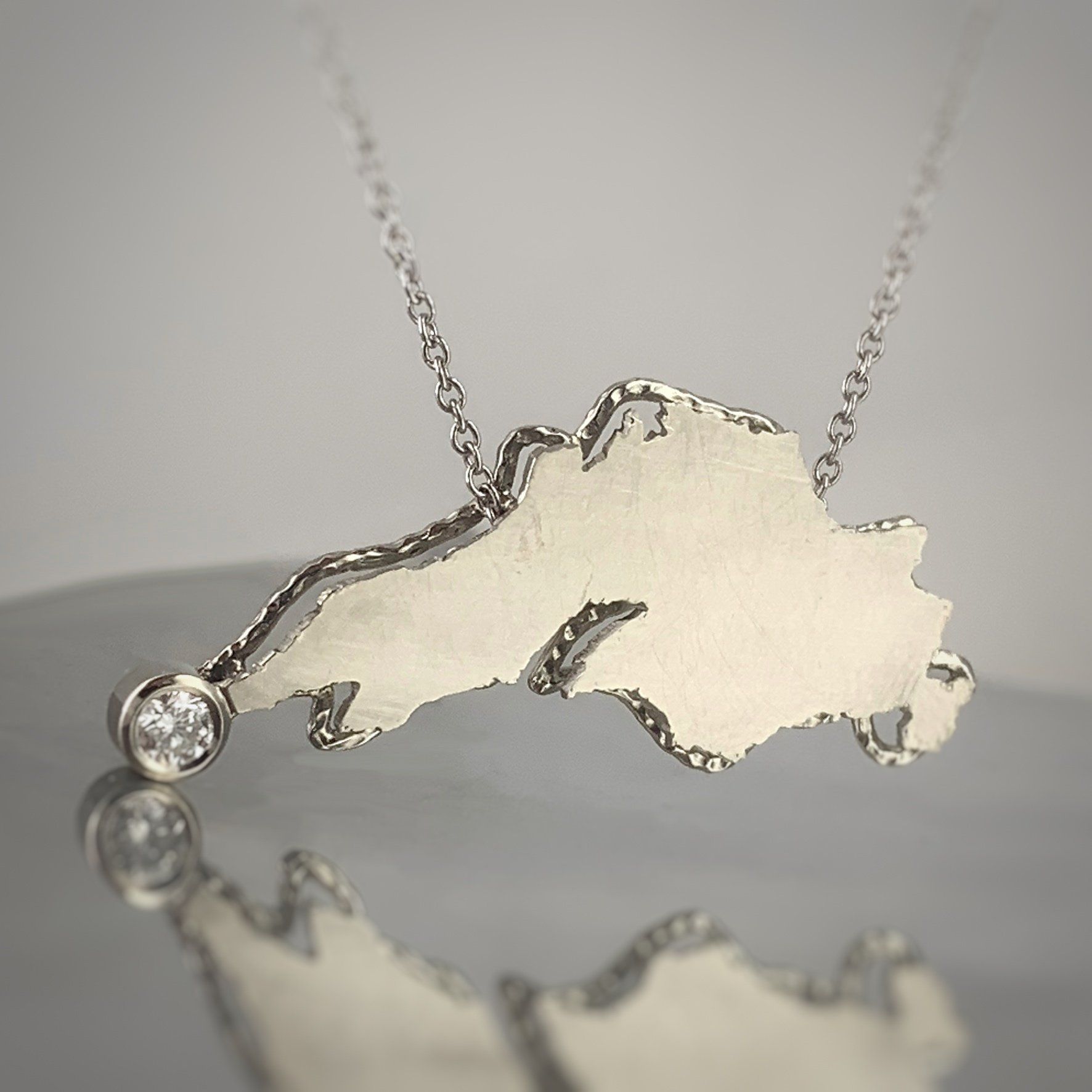 A necklace with a map shaped pendant on a chain
