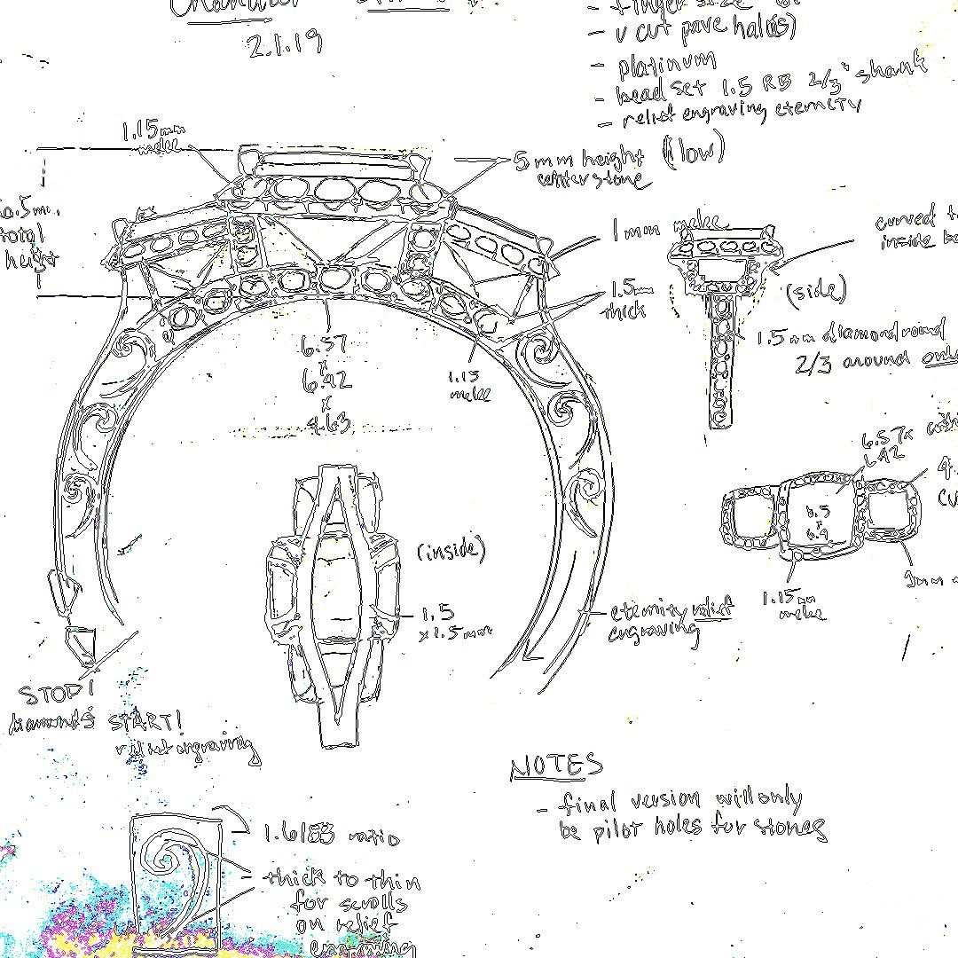 A black and white drawing of a ring with a lot of writing on it