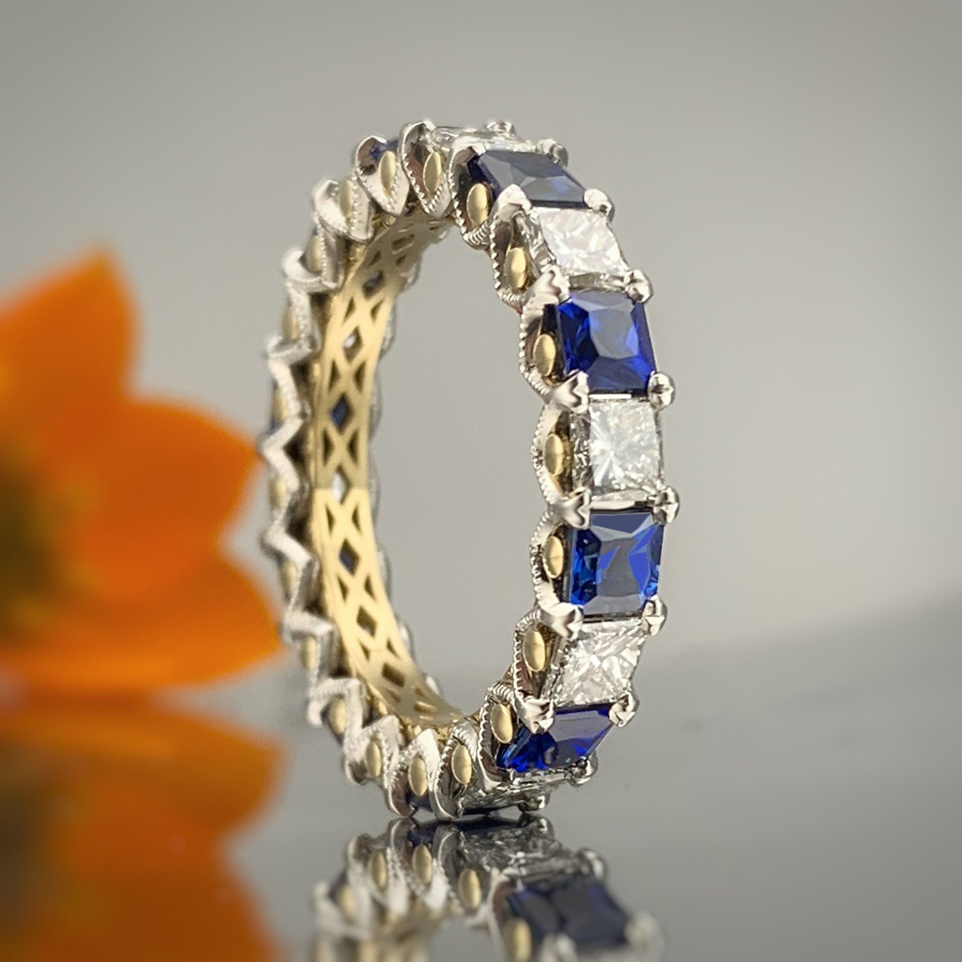 An eternity ring with sapphire and diamond stones