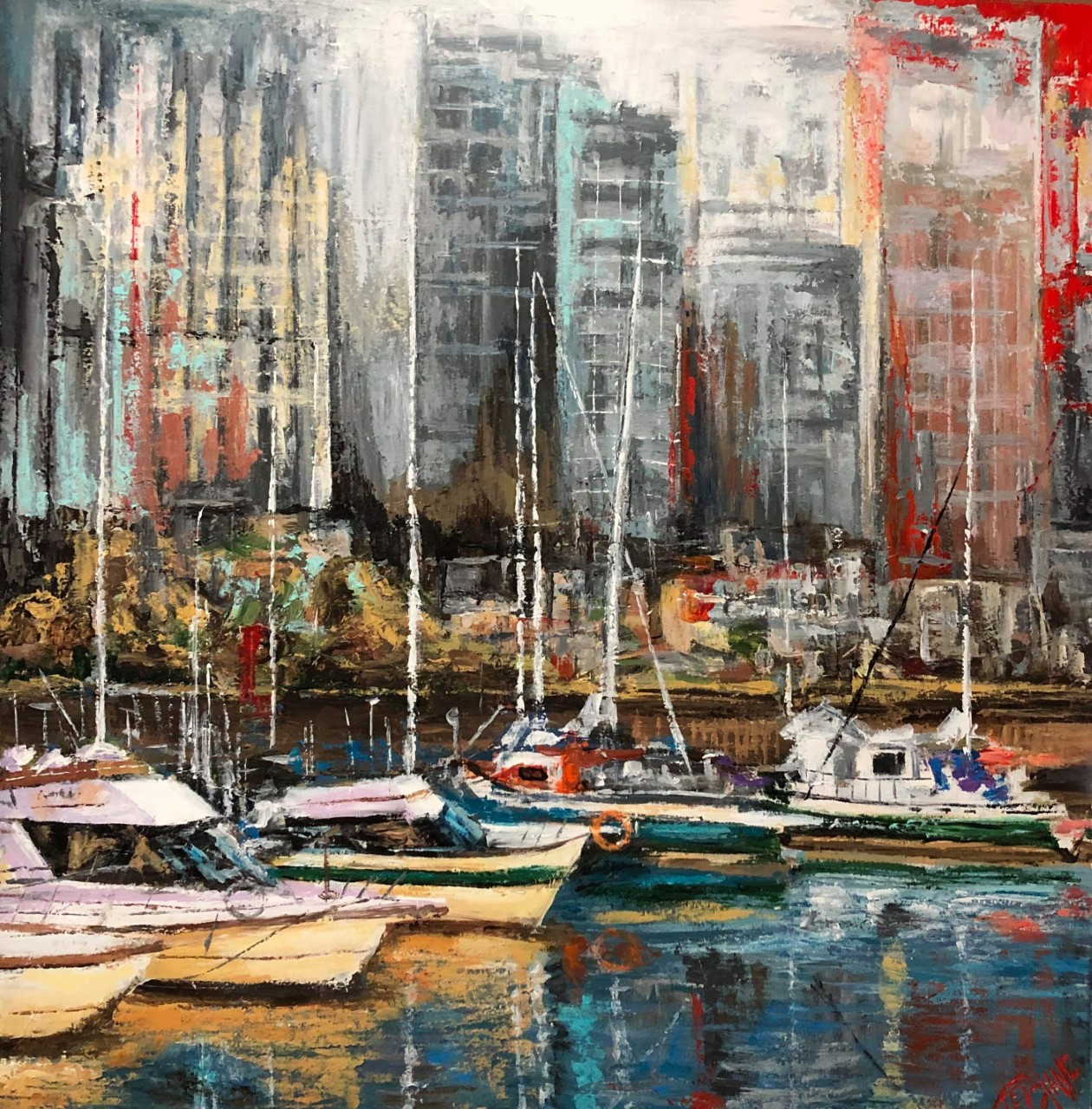 Sailboats docked in a harbor, city buildings in the background. Reflective water with red and blue hues.