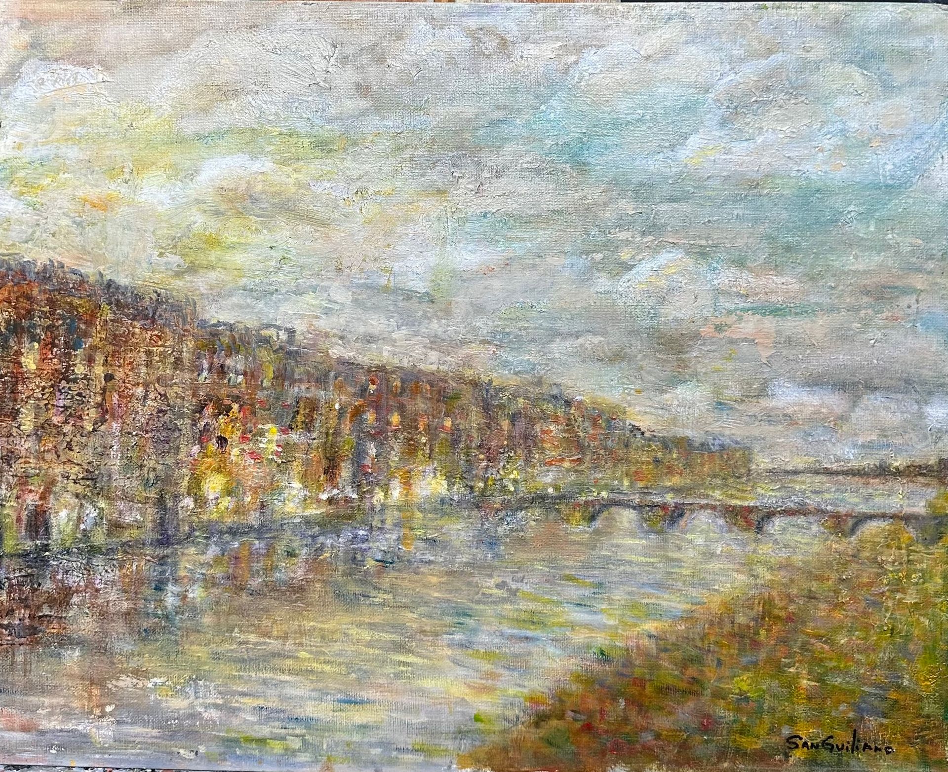 Oil painting of a river with a bridge, trees, and cloudy sky. Warm colors, impasto style.