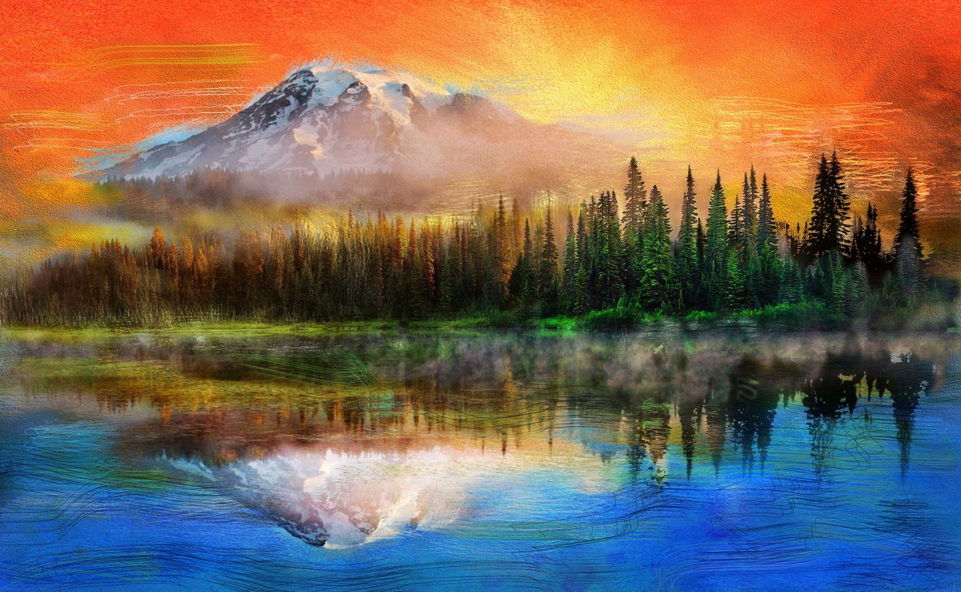 Mountain landscape with snow-capped peak, lake reflecting trees, and colorful sunset sky.