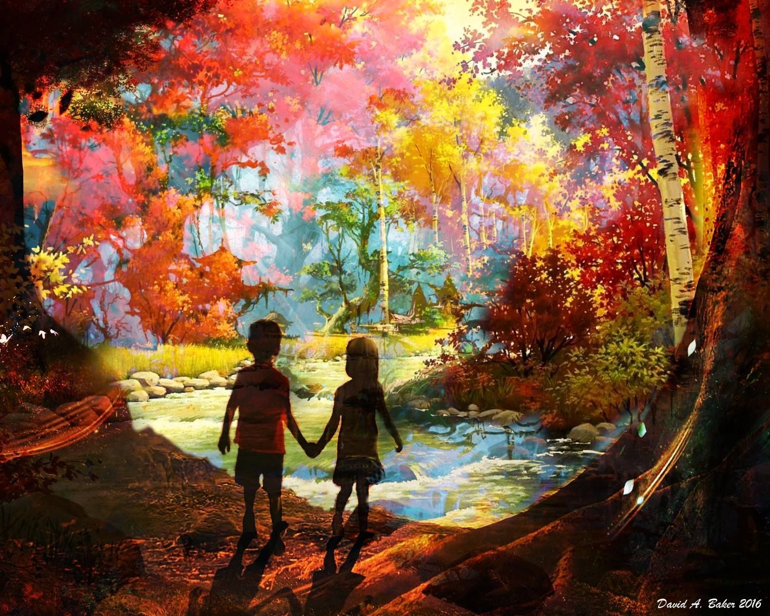 Two children holding hands, walking towards a colorful forest with a stream.