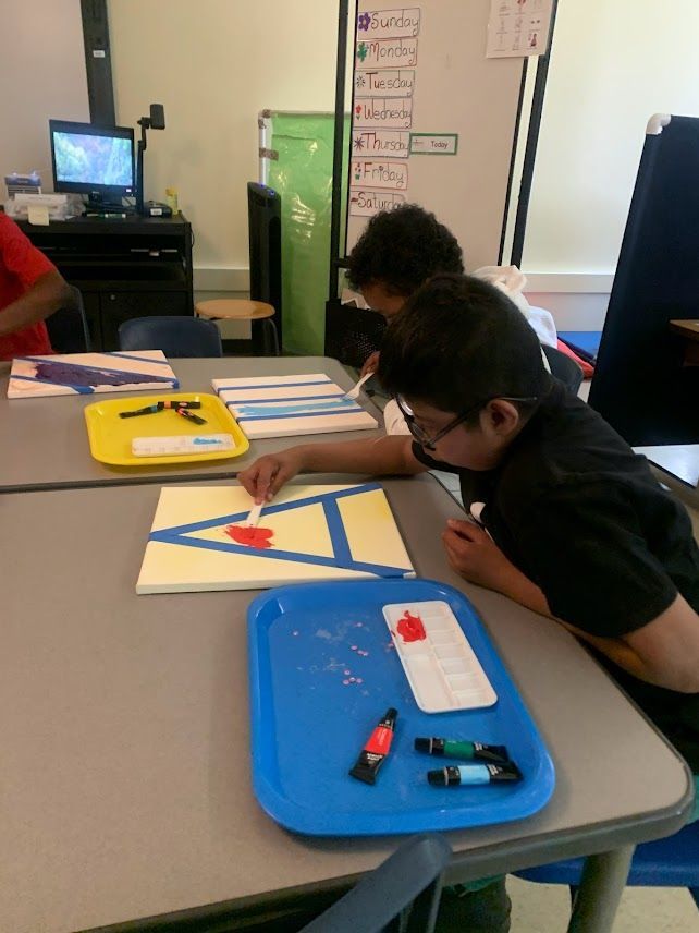 Two children holding hands, walking towards a colorful forest with a stream.
