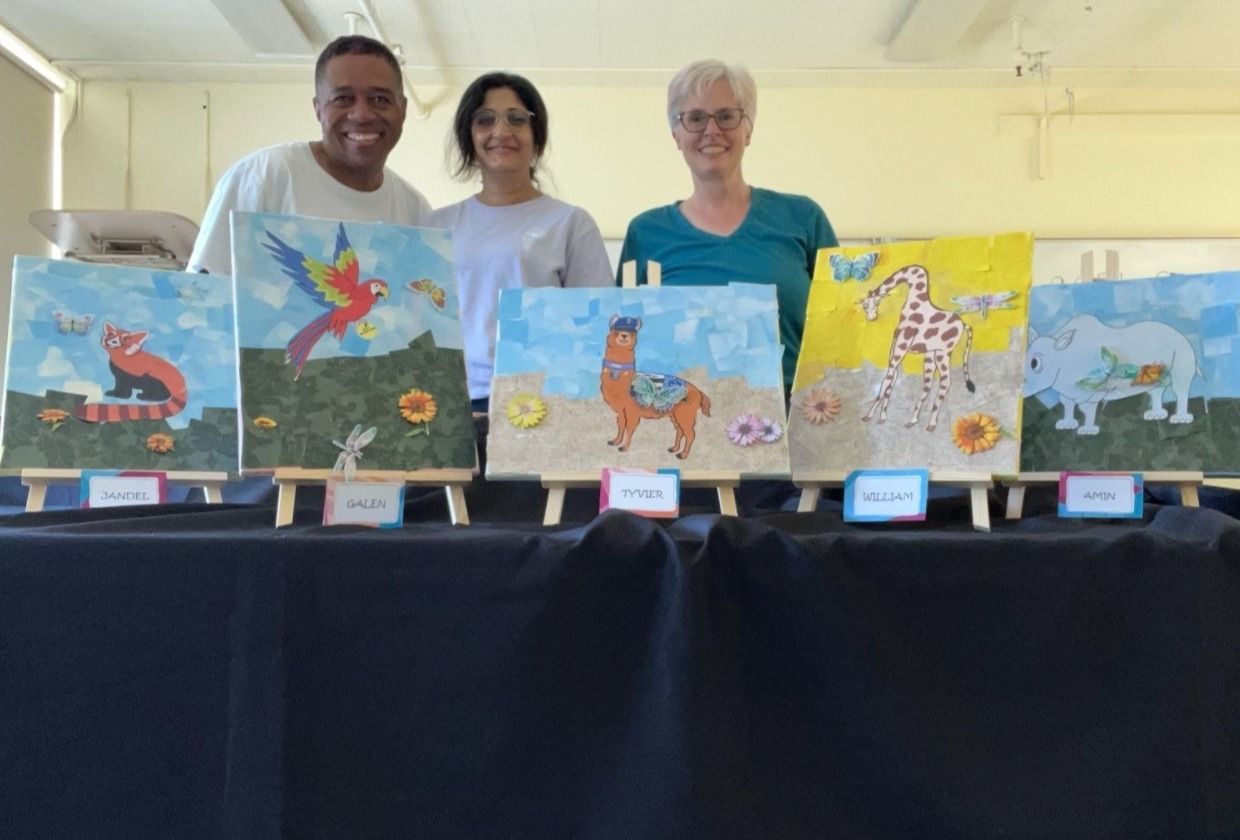 Colorful abstract artwork with geometric shapes, lines, and patterns, featuring a crescent moon and sun.