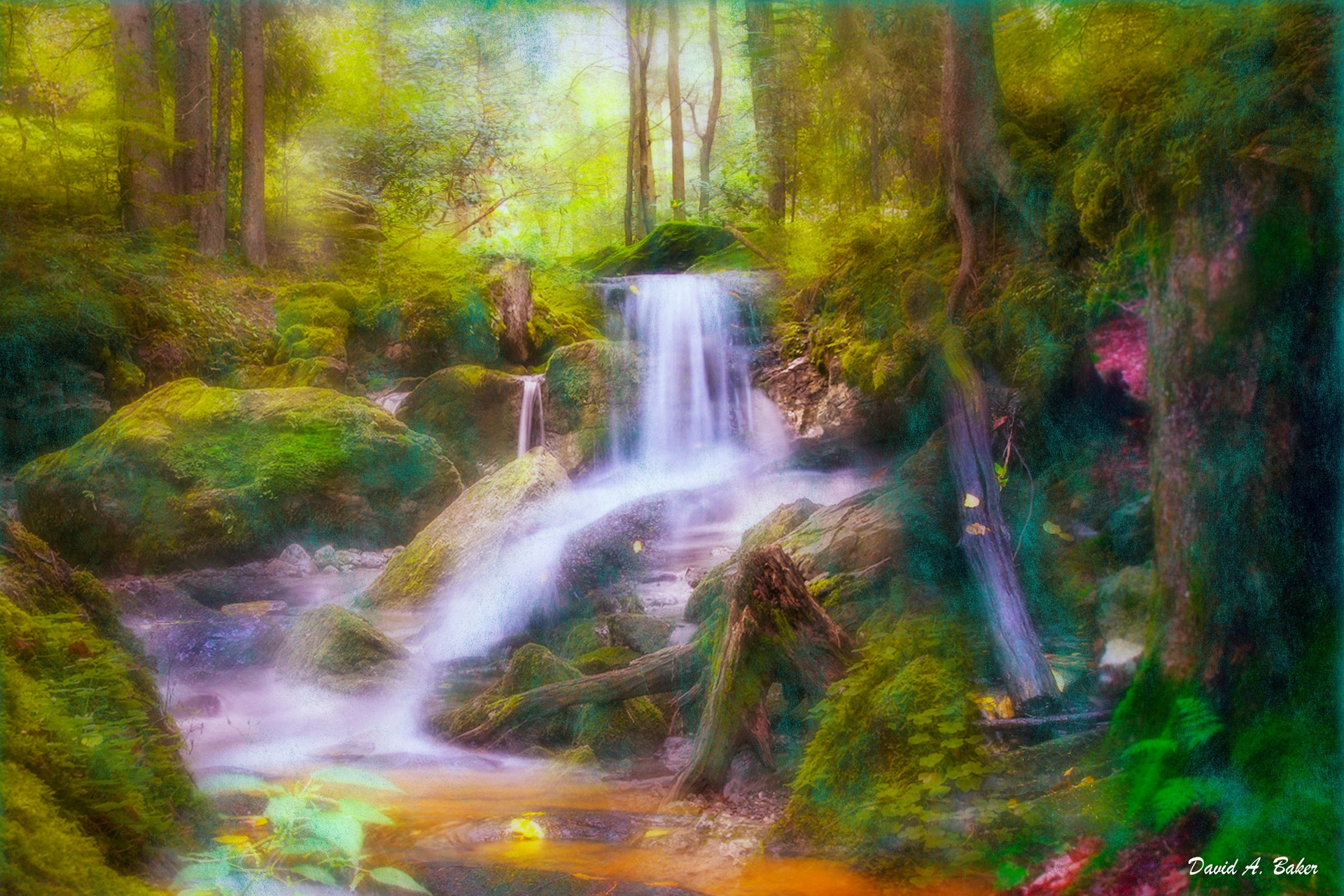 Waterfall cascading through a lush, green forest. Mossy rocks, trees, and soft lighting create a serene scene.