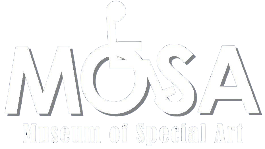 Logo for Museum of Special Art, white text with a wheelchair symbol in 